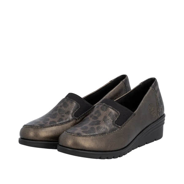Rieker L5351-90 women's bronze leather slip-on shoes with leopard pattern accents and slip-resistant sole.