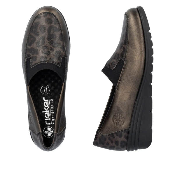 Rieker L5351-90 women's slip-on shoes in bronze leather with leopard print accents and comfortable black elastic sides.