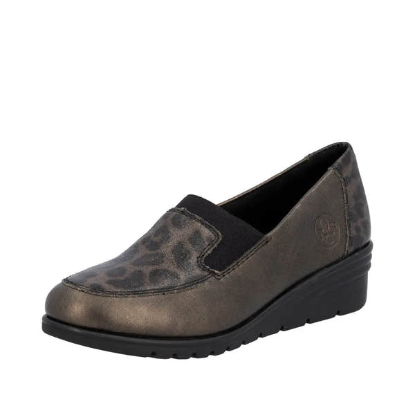 Rieker L5351-90 women's bronze leather slip-on shoes with leopard print detail, comfortable wedge sole, stylish and versatile footwear.