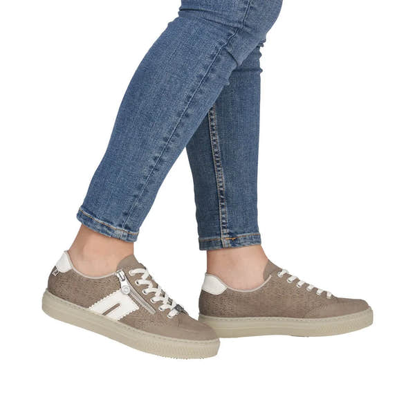 Rieker L5903-20 ladies' camel suede sneakers with zipper, lace-up design, white accents, and textured material.