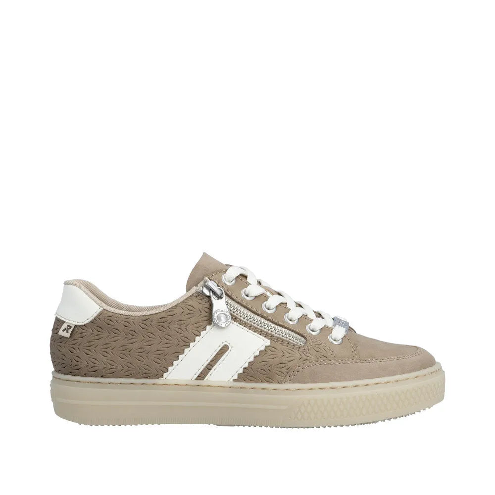 Rieker L5903-20 ladies camel suede shoes with lace-up front, zip detail, textured panel, and white accents.