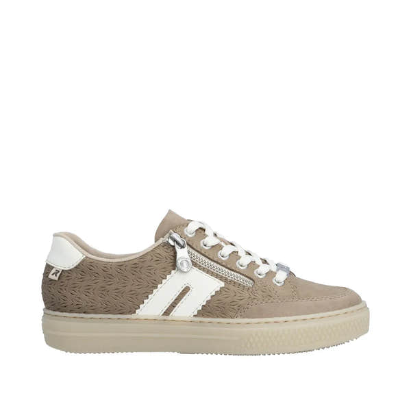 Rieker L5903-20 ladies camel suede shoes with lace-up front, zip detail, textured panel, and white accents.