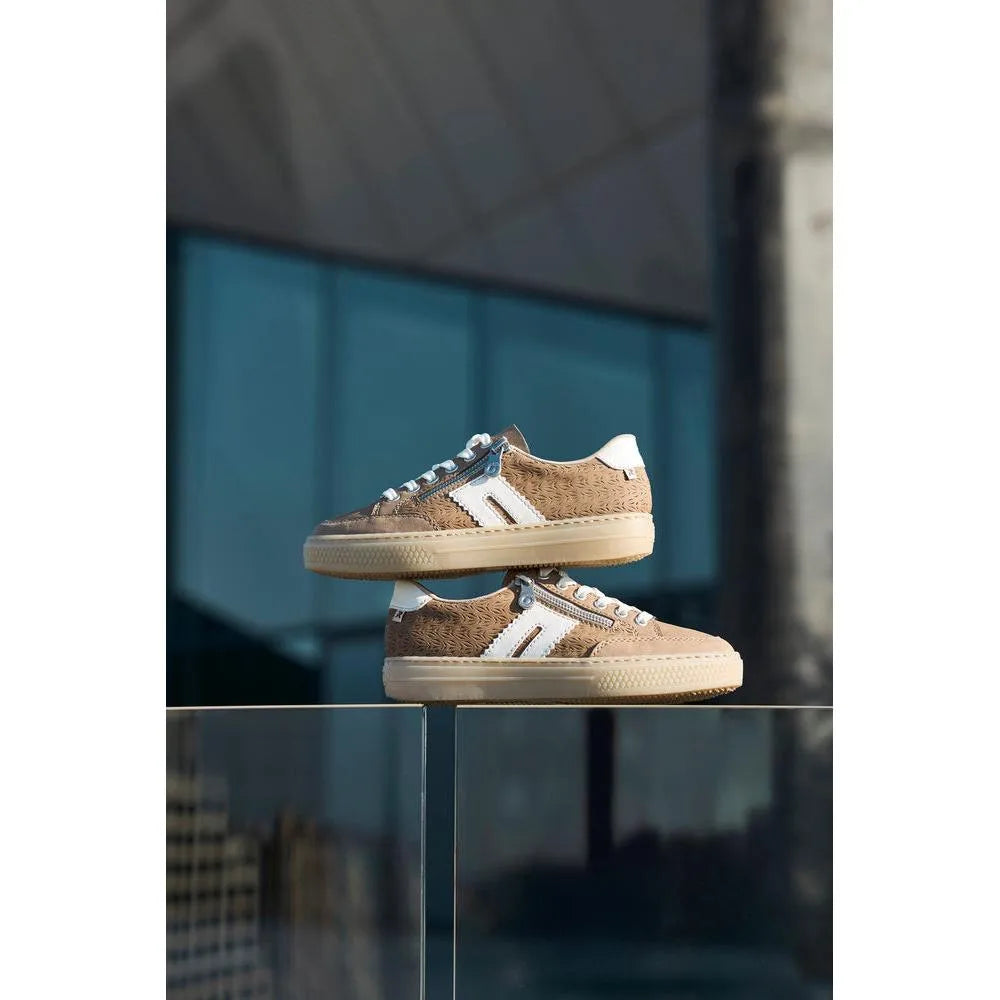 Rieker L5903-20 ladies camel suede sneakers with white accents, zip, lace-up closure, and thick rubber soles.