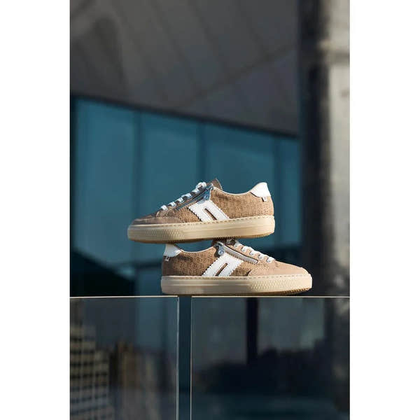 Rieker L5903-20 ladies camel suede sneakers with white accents, zip, lace-up closure, and thick rubber soles.