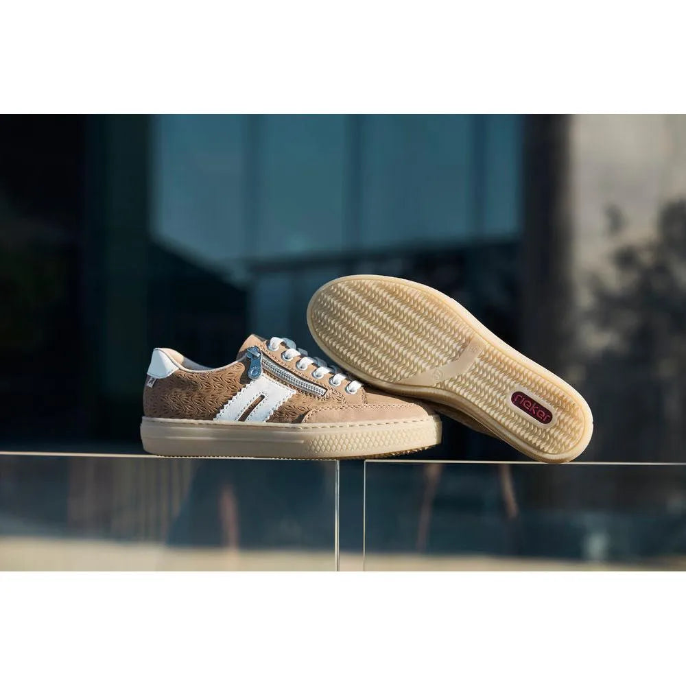 Rieker L5903-20 ladies camel suede shoes with zip, lace-up design, textured details, and beige rubber soles.