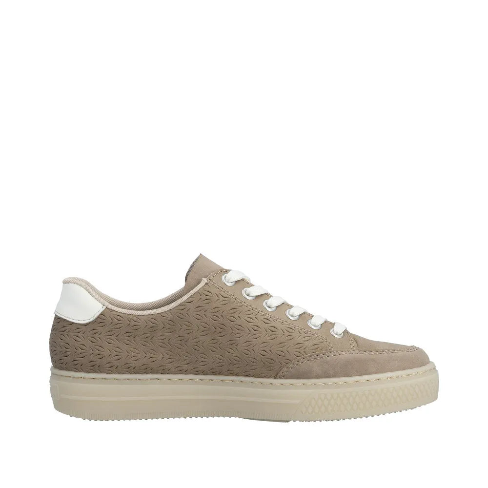 Rieker L5903-20 ladies camel suede lace-up shoes with zip detail, textured upper, white accents, and chunky sole.