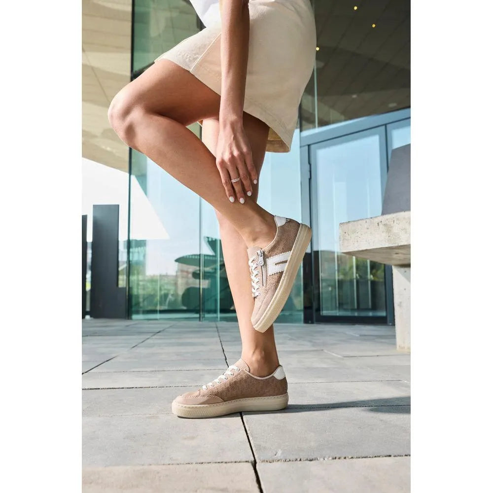 Rieker L5903-20 Ladies Camel Suede Shoes with zip and lace-up closure, casual sneaker style, and textured suede material.