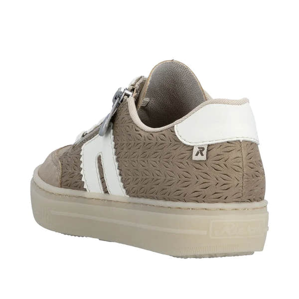 Rieker L5903-20 women's camel suede shoes with zip and lace-up front, textured material, white accents, and chunky sole.
