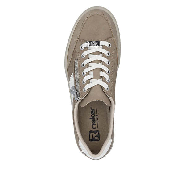 Rieker L5903-20 women's camel suede shoes with lace-up, side zipper, white accents, and rubber sole.