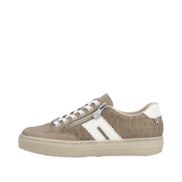 Rieker L5903-20 ladies camel suede shoes with zip, lace-up detail, textured side panels, and a cushioned sole.