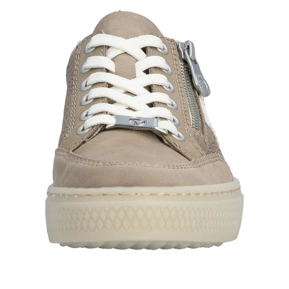Rieker L5903-20 ladies camel suede sneakers with white laces, metal eyelets, and side zipper feature.