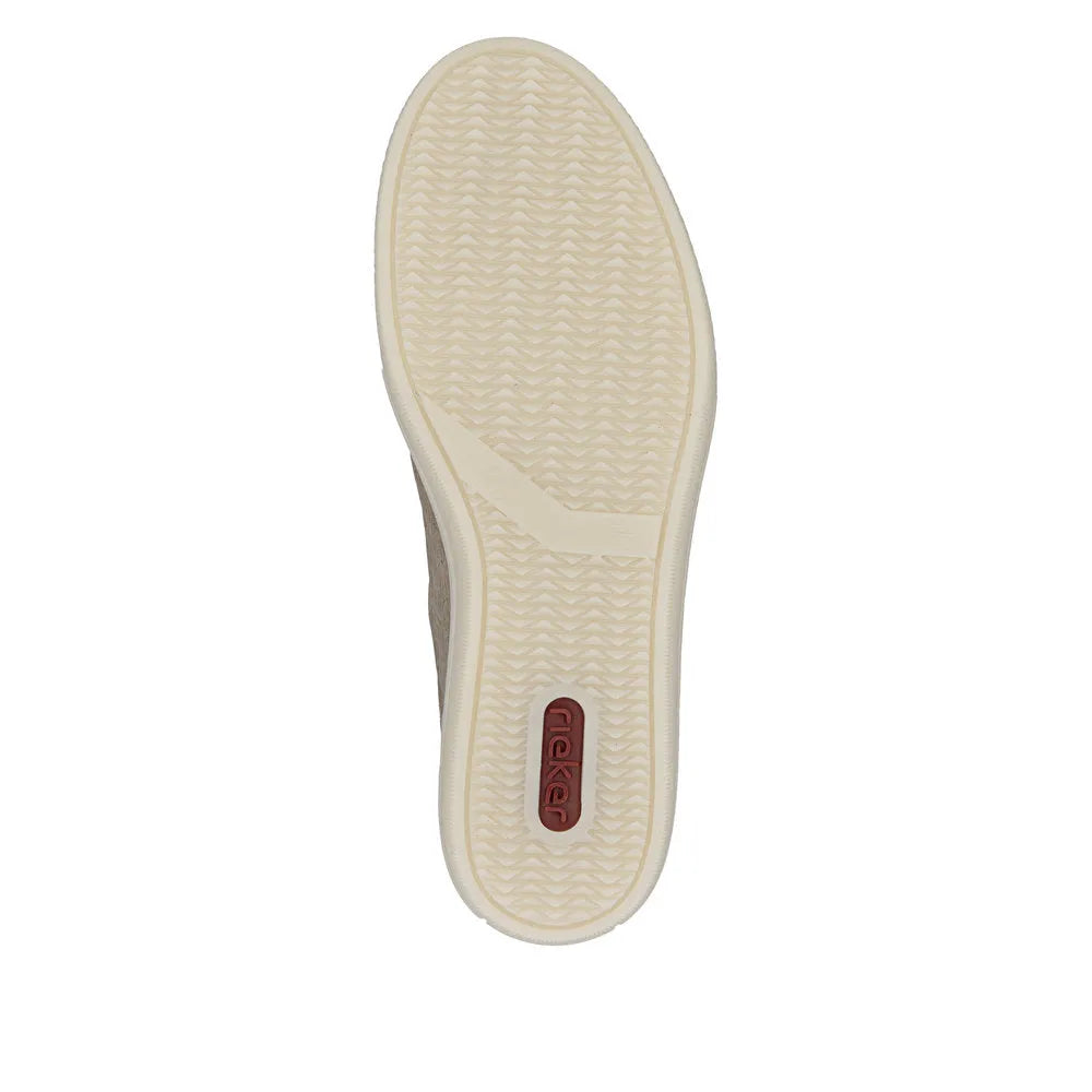 Rieker L5903-20 ladies camel suede shoes with zipper and lace detail, cream sole with textured pattern, red Rieker logo.