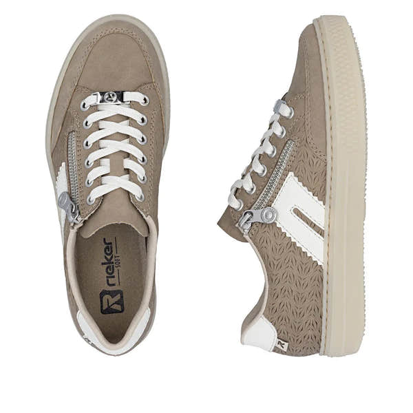 Rieker L5903-20 women's beige suede mid-top sneakers with white accents, lace-up, side zipper, and textured sole.