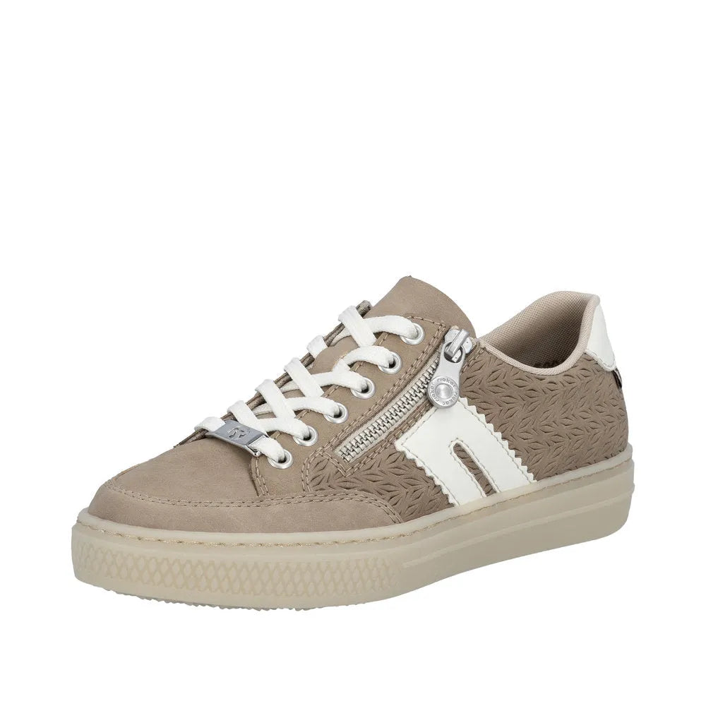 Rieker L5903-20 ladies camel suede casual sneakers with lace-up, side zipper, textured detail, and white accents.