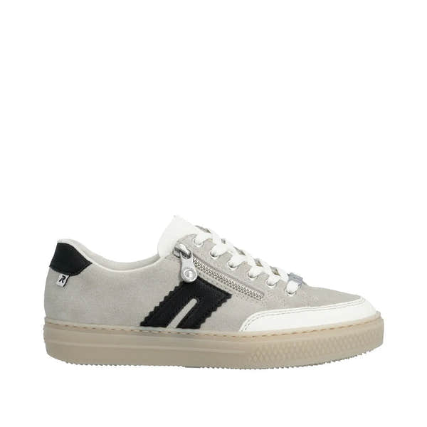 Rieker L5903-40 women's off-white suede sneakers with lace-up, zipper detail, black accents, and a beige rubber sole.