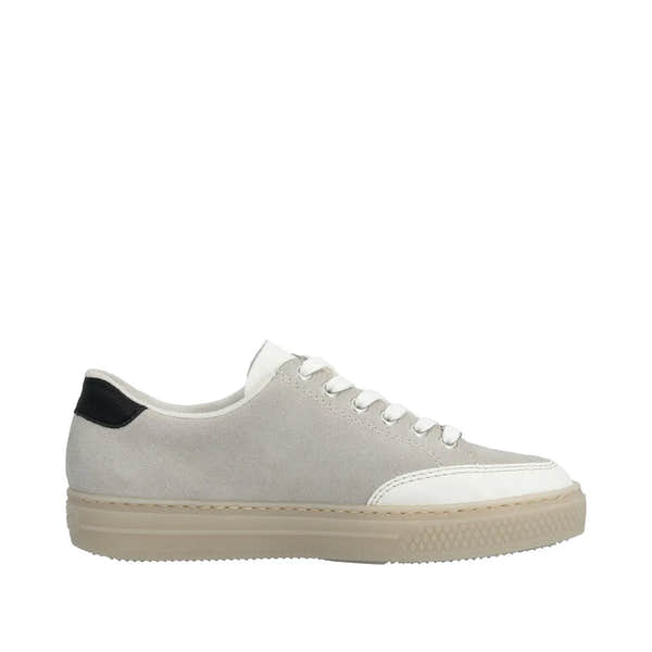Rieker L5903-40 ladies off-white suede sneakers with lace-up and zip detail, low-profile design, and beige rubber sole.
