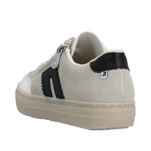 Rieker L5903-40 women's off-white suede shoes with lace-up and zipper, black accents, and a thick rubber sole.