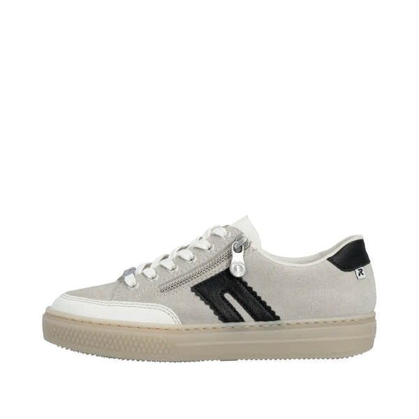 Rieker L5903-40 women's off-white suede sneakers with black accents, lace-up and zip closure, and rubber sole.