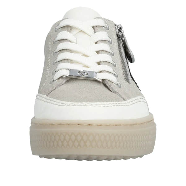 Off-white suede Liberty-style sneaker with lace-up front, side zipper, and chunky rubber sole.