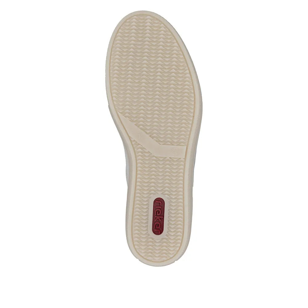 Off-white suede women's sneakers with zip and lace details, textured sole, and red logo on the outsole.