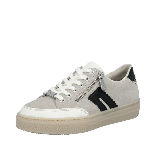 Rieker L5903-40 beige suede lace-up sneaker with black accents and side zipper, rubber sole, and sporty style.
