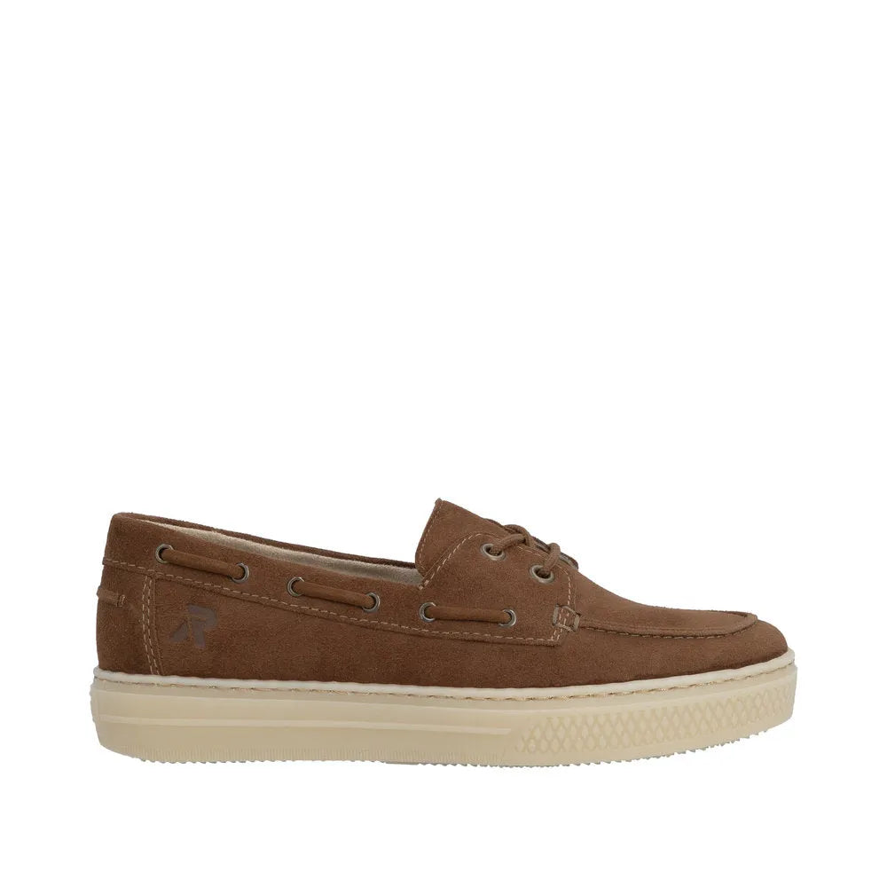 Rieker L5905-24 women's brown suede slip-on boat shoes with laces and a cream rubber sole.