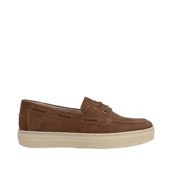 Rieker L5905-24 women's brown suede slip-on boat shoes with laces and a cream rubber sole.