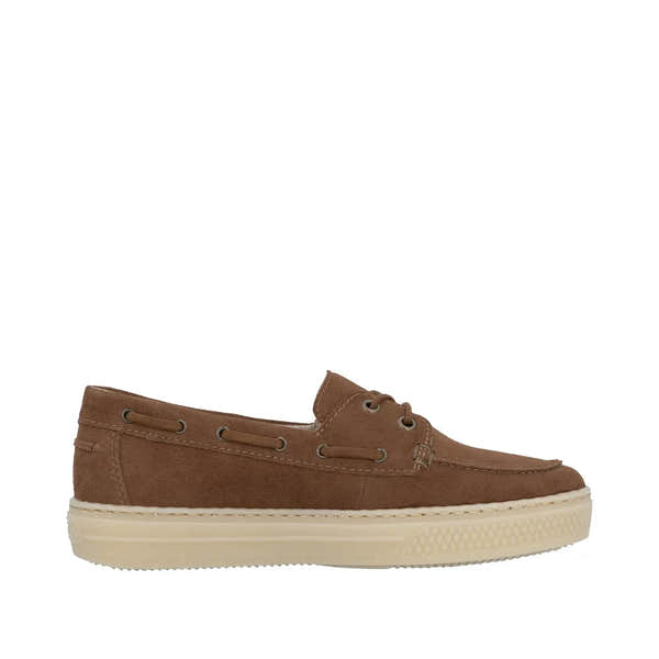 Brown suede slip-on boat shoes for women with leather laces and a beige rubber sole.