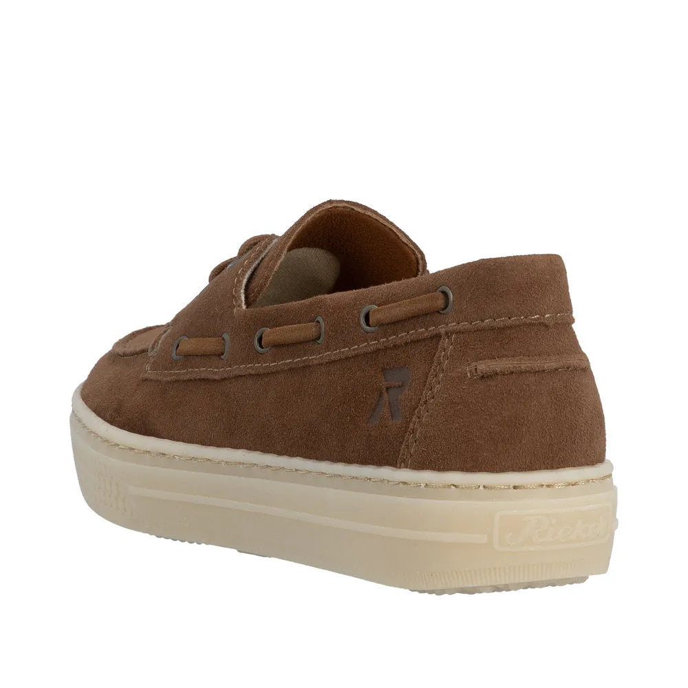 Rieker L5905-24 brown suede slip-on boat shoes with white rubber sole and stitched detail.