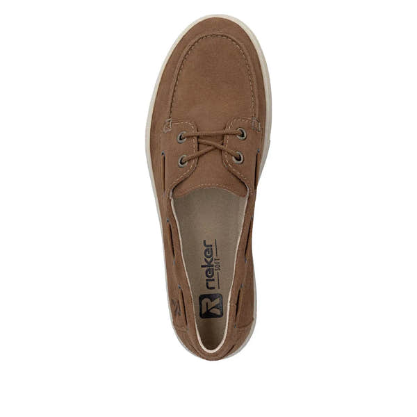 Brown suede slip-on boat shoe with laces, white rubber sole, and beige interior, style L5905-24, for women.