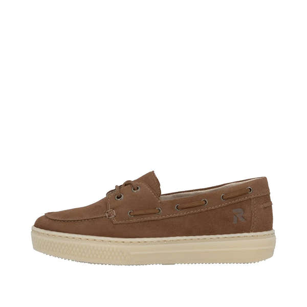 Brown suede slip-on boat shoe for women with laces, eyelets, stitching details, and a cream rubber sole.