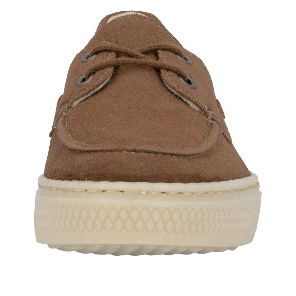 Rieker L5905-24 ladies brown suede slip-on boat shoes with white rubber sole.
