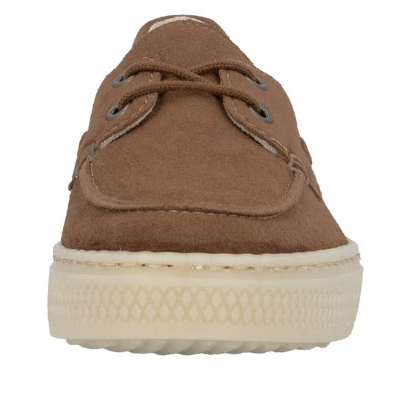 Rieker L5905-24 ladies brown suede slip-on boat shoes with white rubber sole.