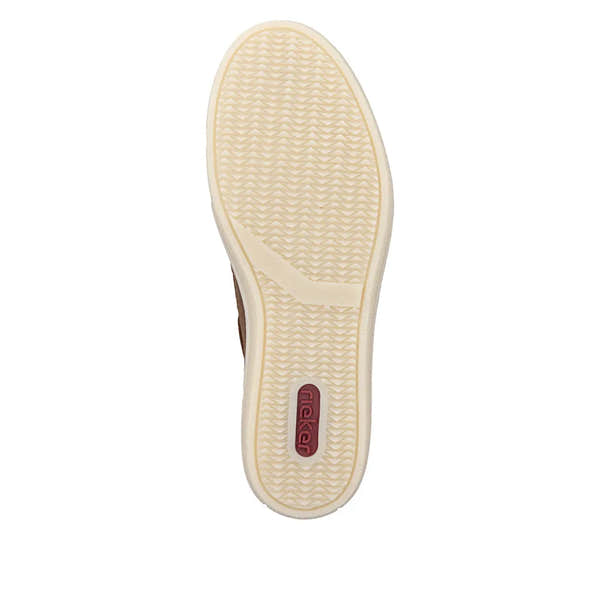 Brown suede slip-on boat shoes with cream rubber sole and textured tread, featuring a small red Rieker logo.