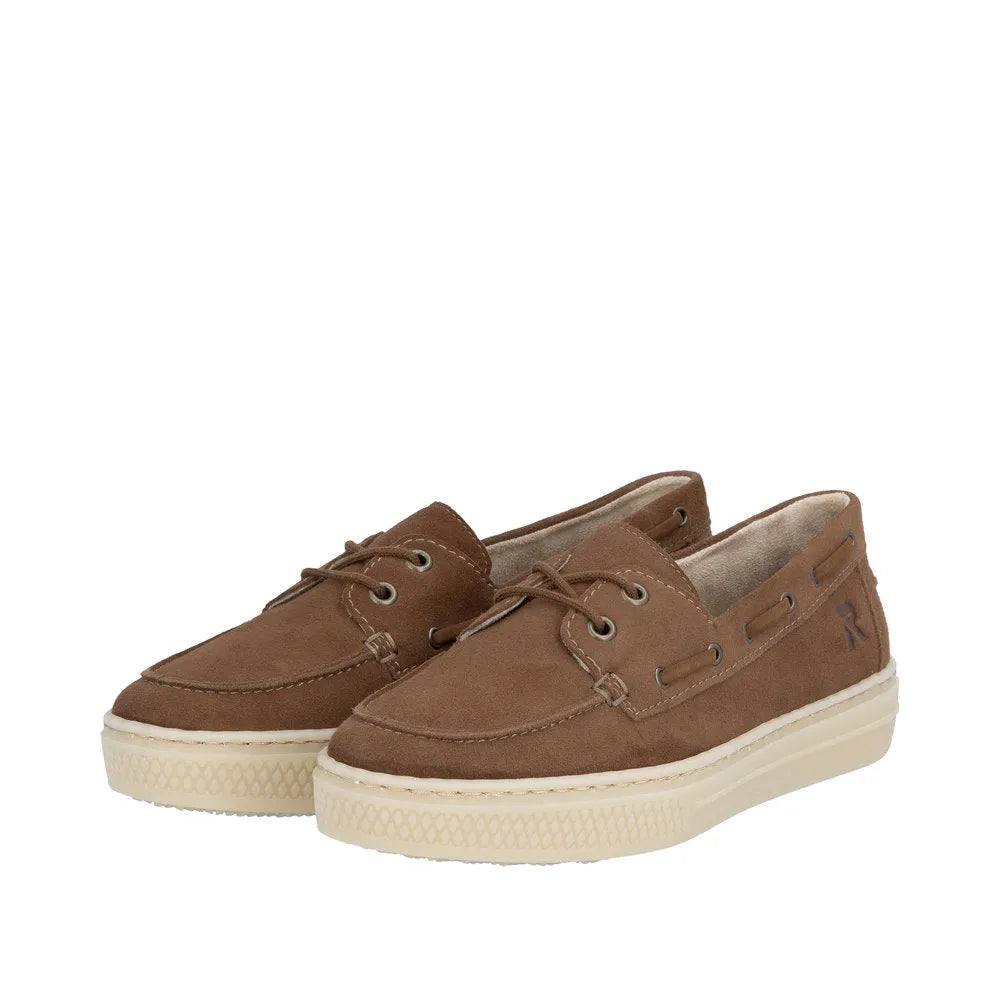 Rieker L5905-24 women's brown suede slip-on boat shoes with durable sole and lacing detail.