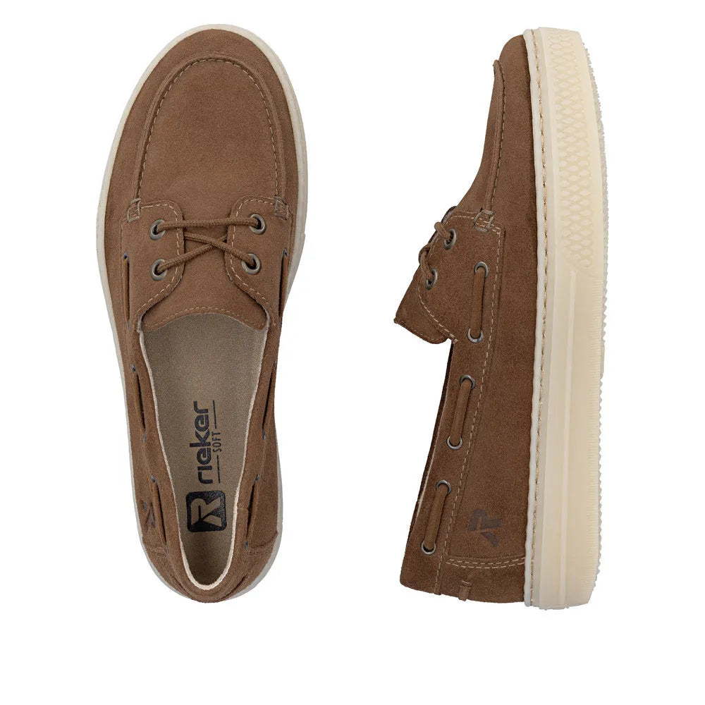 Brown suede slip-on boat shoes with laces, cream rubber sole, and stitching details for women.