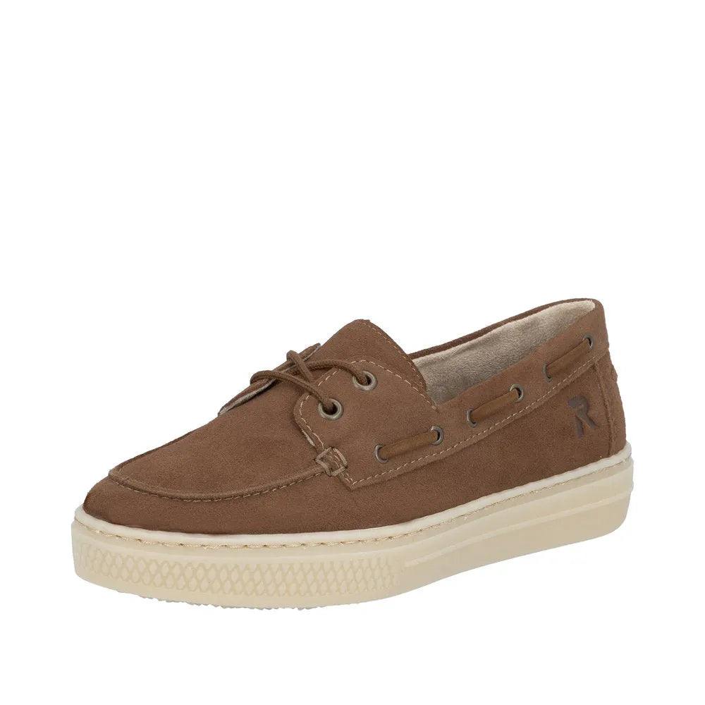 Brown suede slip-on boat shoe with lace-up front, cream rubber sole, and side logo detail.