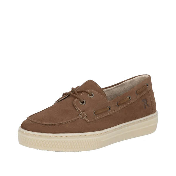 Brown suede slip-on boat shoe with lace-up front, cream rubber sole, and side logo detail.