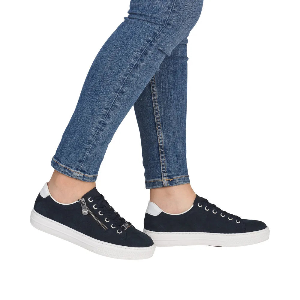 Rieker L59L1-15 ladies suede sneakers with zip and lace, navy and white, low-top style.