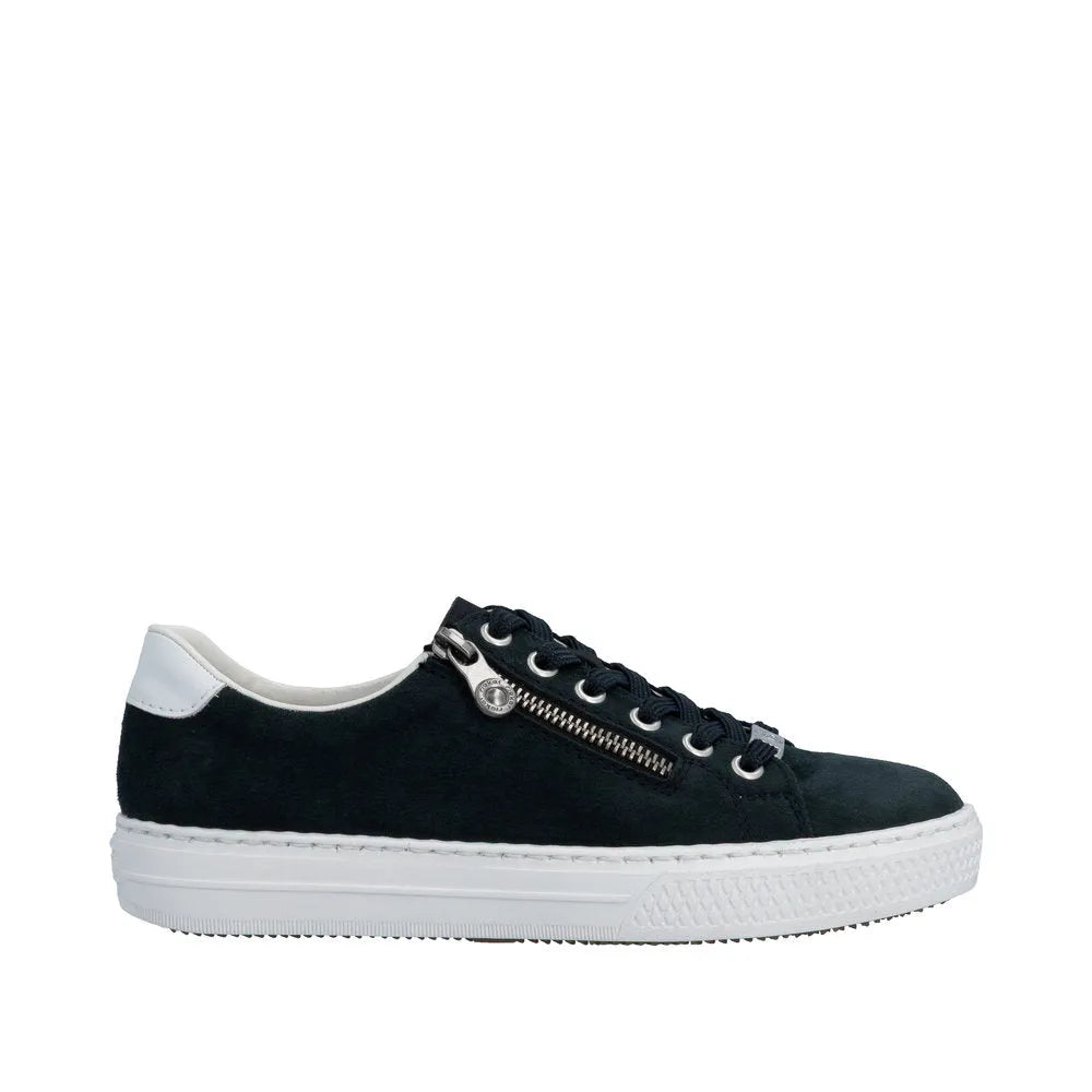 Rieker Ladies Pacific suede shoes with zipper and lace-up design, black with white accents and a white rubber sole.