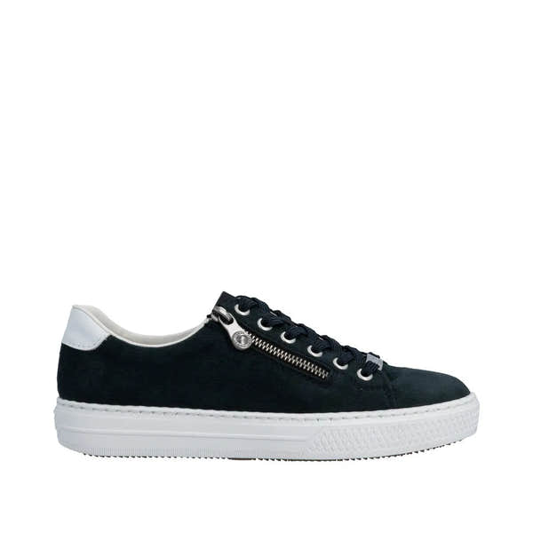 Rieker Ladies Pacific suede shoes with zipper and lace-up design, black with white accents and a white rubber sole.