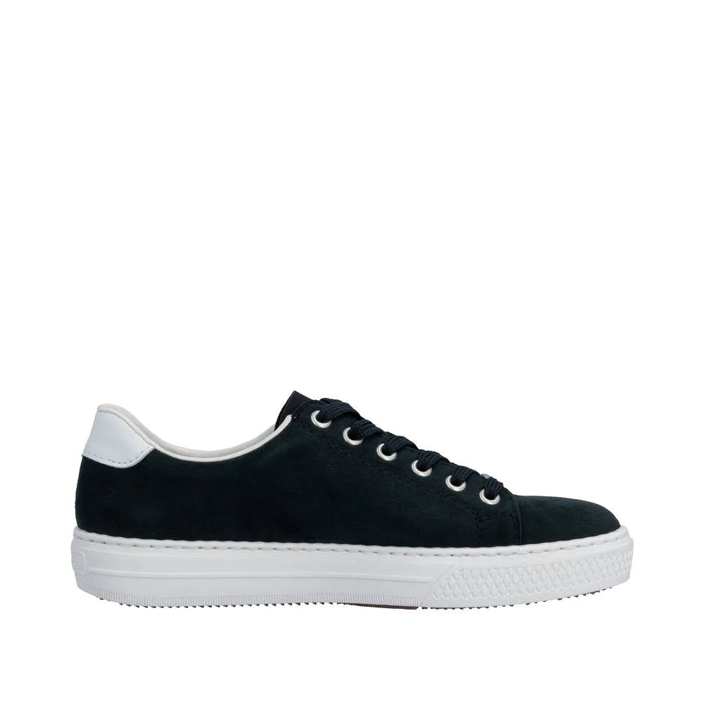Black suede lace-up sneaker with white rubber sole and contrasting white heel tab, casual style with zip and lace closure.