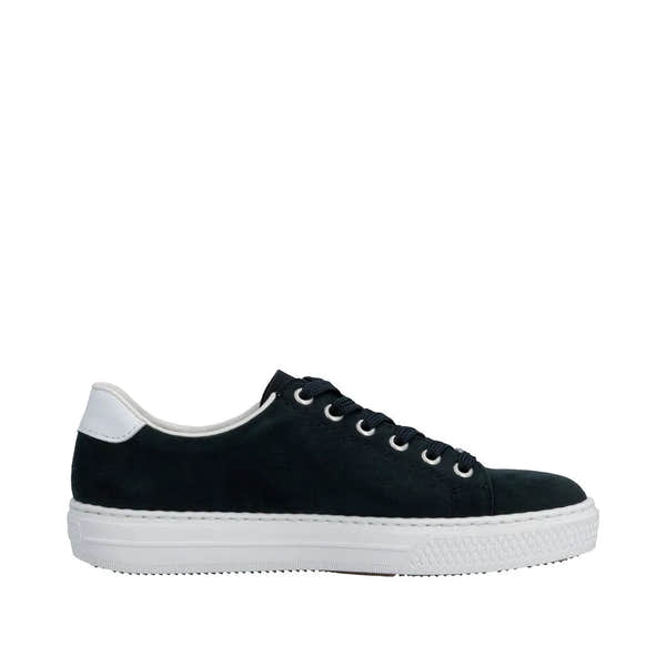 Black suede lace-up sneaker with white rubber sole and contrasting white heel tab, casual style with zip and lace closure.