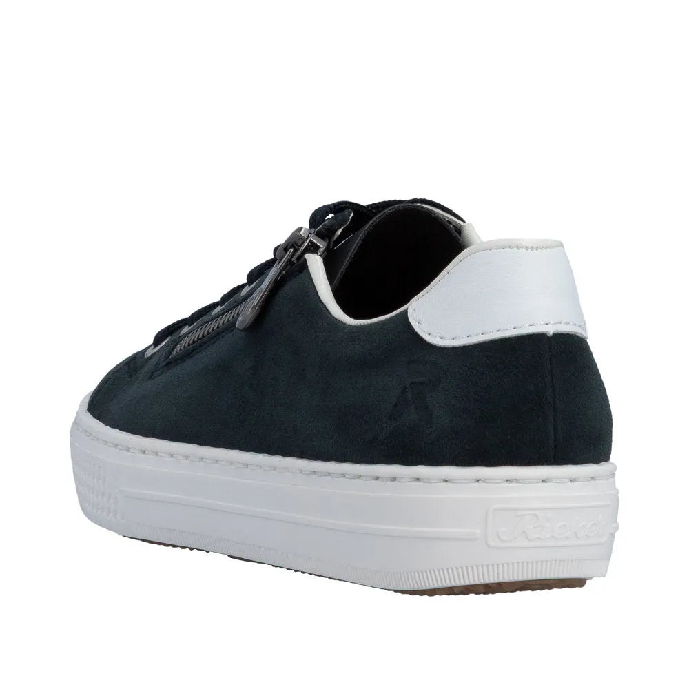 Rieker L59L1-15 women's suede sneakers with black and white color scheme, zipper, lace-up design, and white sole.