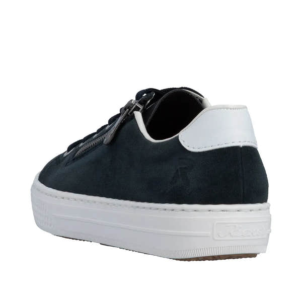 Rieker L59L1-15 women's suede sneakers with black and white color scheme, zipper, lace-up design, and white sole.