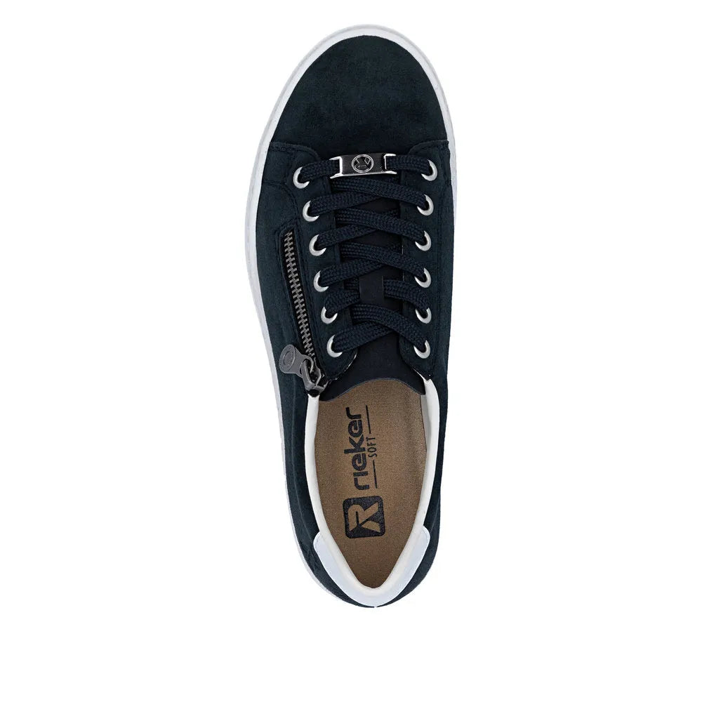 Navy suede lace-up sneaker with zip detail, white sole, and logo accents, styled as a casual women's athletic shoe.