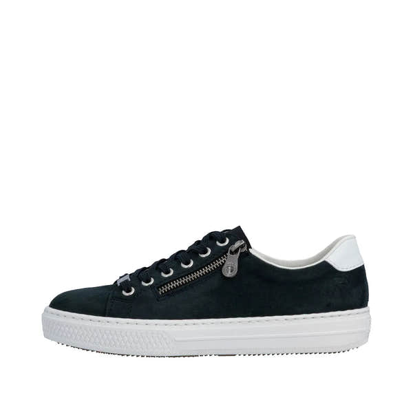 Black suede lace-up sneaker with side zipper, white sole, and white heel detail.