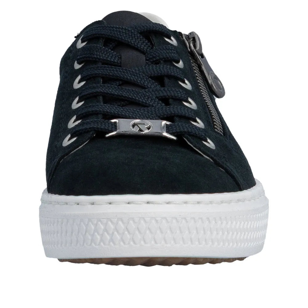 Black suede sneaker with lace-up front, silver hardware, and side zipper, on a thick white rubber sole.