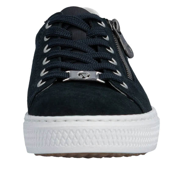 Black suede sneaker with lace-up front, silver hardware, and side zipper, on a thick white rubber sole.