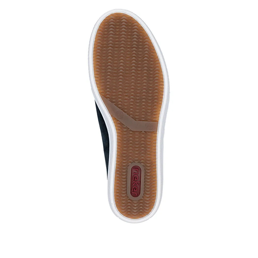 Rieker L59L1-15 ladies' navy suede shoes with white rubber sole, zipper, and lace-up design, featuring textured tan outsole.